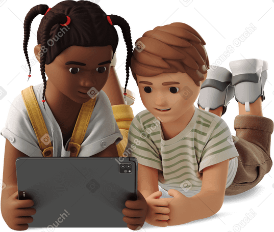 3D little girl and boy with tablet PNG, SVG