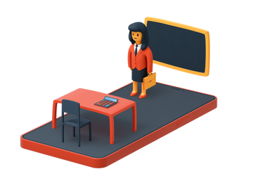 Teacher standing in front of the blackboard in empty classroom PNG, SVG