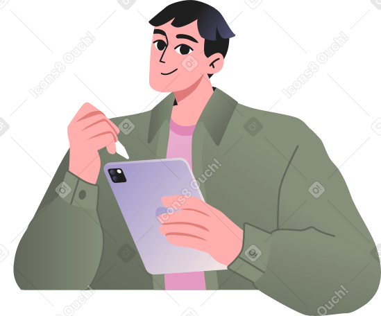 young guy writes something on a tablet PNG, SVG
