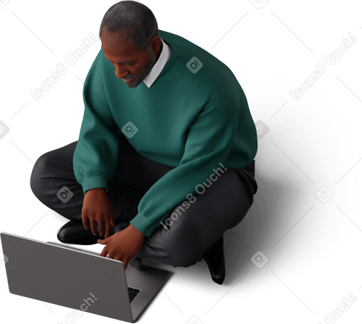 3D man sitting on floor with laptop PNG、SVG
