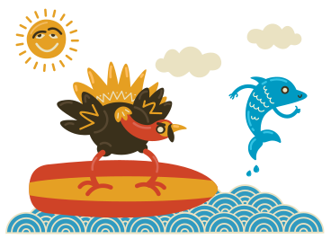 Turkey surfing with dolphin jumping above the waves PNG, SVG