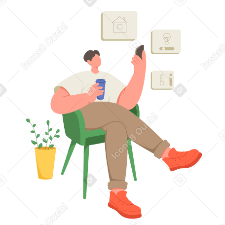 Мужчина держит телефон с приложением «умный дом» в PNG, SVG