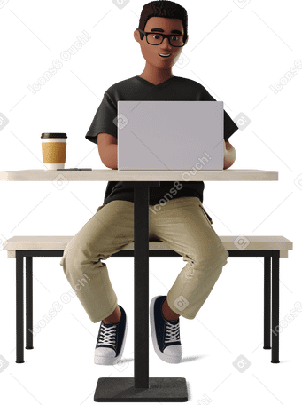 3D young man working at a bar table в PNG, SVG