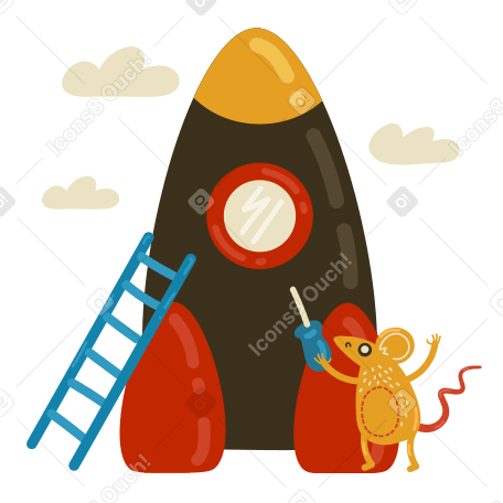 Mouse with screwdriver repairing a rocketship PNG, SVG