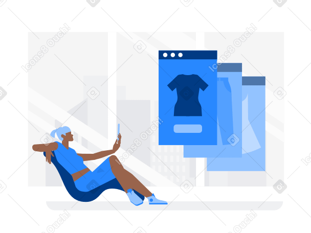 Женщина покупает одежду в интернет-магазине в PNG, SVG