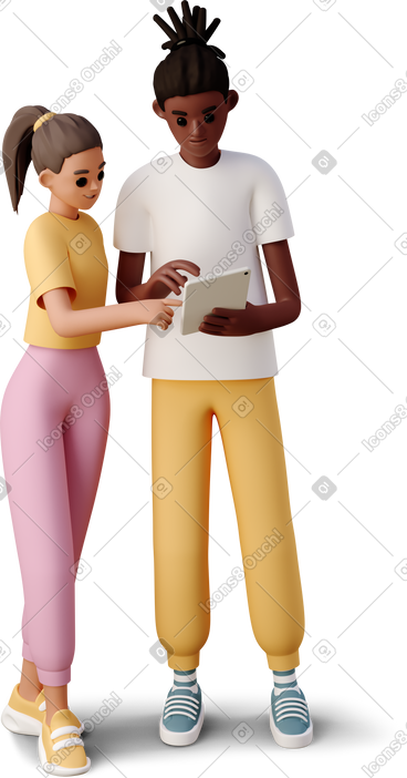 Girl and boy looking at tablet PNG, SVG