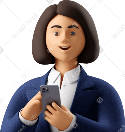 3D close up of businesswoman in blue suit with phone looking straight PNG, SVG