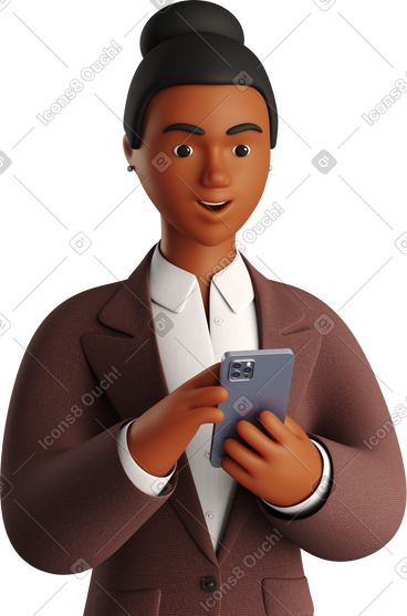 Black businesswoman in brown suit looking at phone PNG, SVG