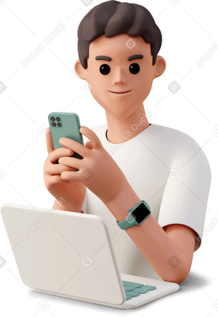 3D young man with phone using laptop Illustration in PNG, SVG