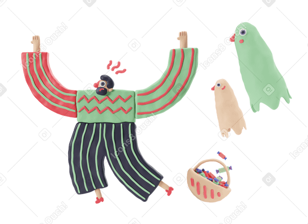 3D Scared man running away from ghosts and dropping his candy basket PNG, SVG