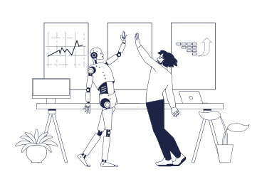 Homem e robô android levantam as mãos no escritório PNG, SVG