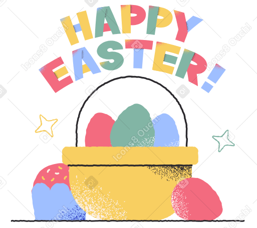 Lettering Happy Easter with Easter eggs basket PNG, SVG