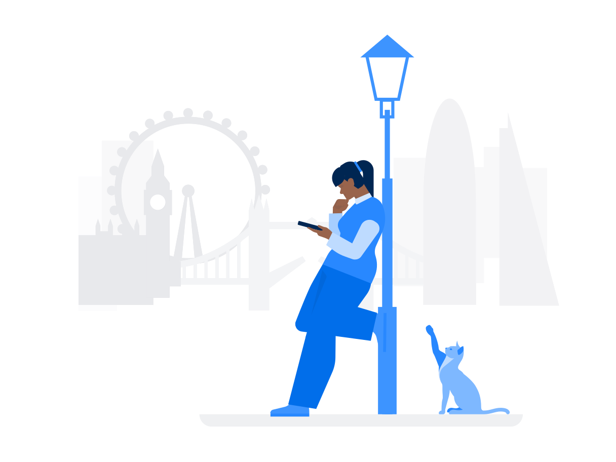 Woman with phone leaning on a lamppost and cat sitting near on London background Illustration in PNG, SVG