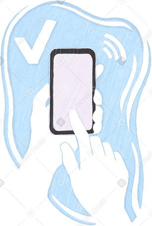 hands holding phone on blue background with done icon PNG, SVG