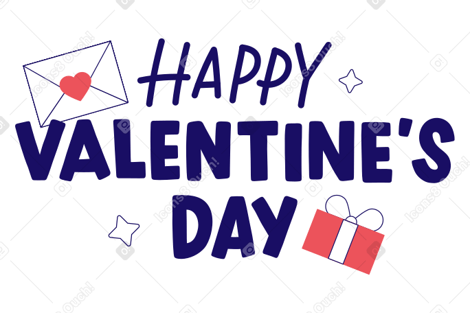Schriftzug „fröhlicher valentinstag“ mit einer geschenkbox und einem umschlag PNG, SVG