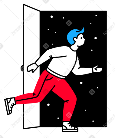 L'homme sort en courant par la porte dans l'espace extra-atmosphérique PNG, SVG
