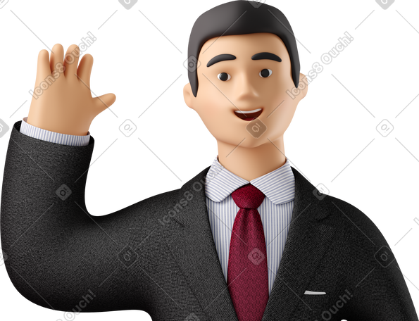 3D close up of businessman in black suit waving hello PNG, SVG