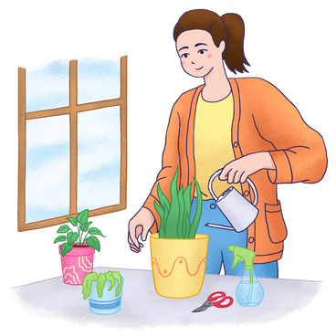 Женщина поливает и подстригает комнатные растения в PNG, SVG