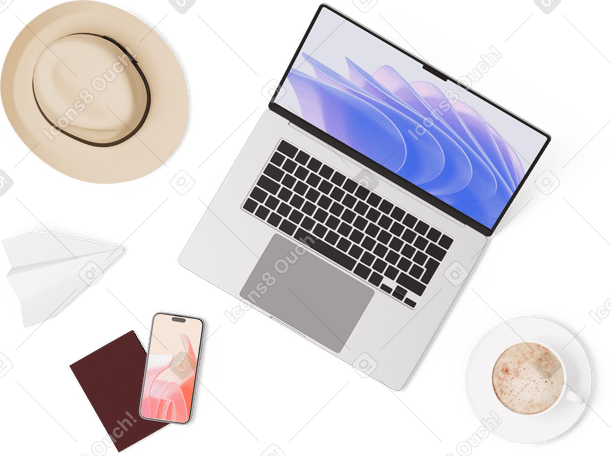 3D Вид сверху на ноутбук, шляпу, смартфон, паспорт, чашку и бумажный самолетик в PNG, SVG