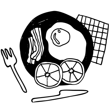 Plato de desayuno con huevo frito, tocino y rodajas de verduras. PNG, SVG