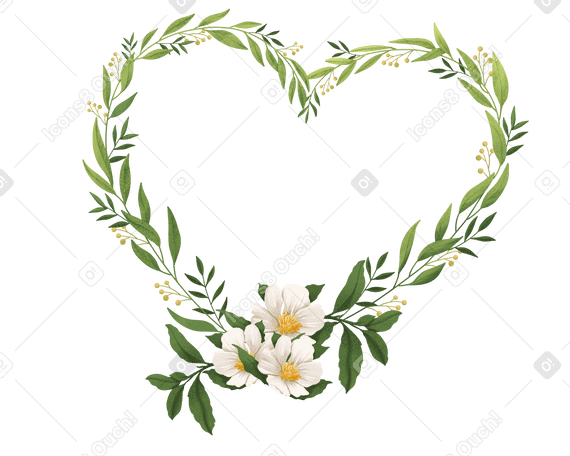 Сердце из зеленых веточек и белых цветков шиповника в PNG, SVG