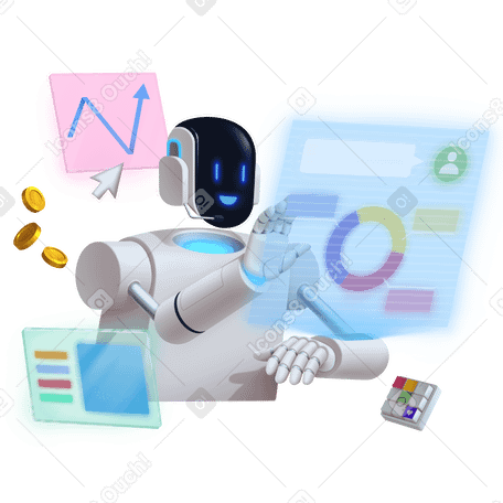 Robo-conseiller travaillant sur écran holographique PNG, SVG