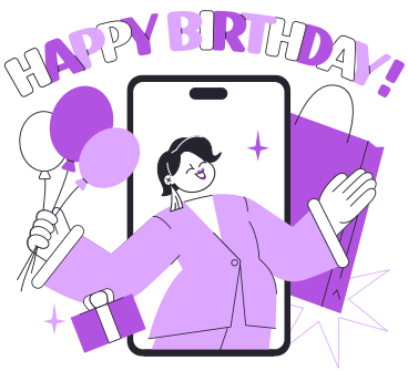 Lettering Happy Birthday with girl in phone and gifts text PNG, SVG