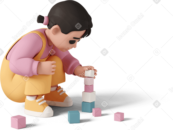 3D little girl playing with cubes PNG, SVG