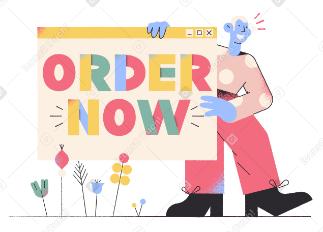 Lettering Order Now with a man next to browser window PNG, SVG
