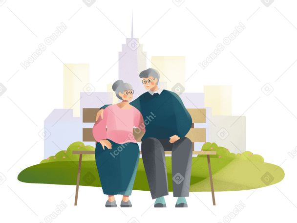 Пожилая пара сидит на фоне города в PNG, SVG