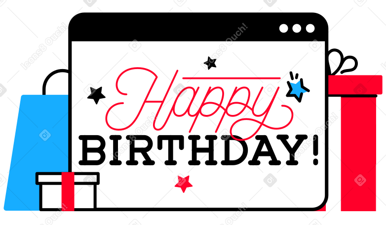 Надпись с днем рождения в браузере с подарками в PNG, SVG