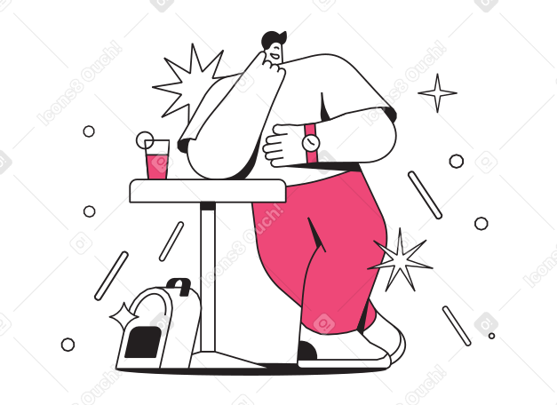 Man leaning on high table and looking at watch Illustration in PNG, SVG