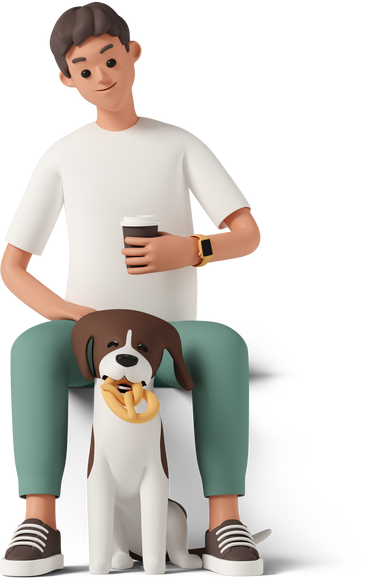 개와 커피 한잔과 함께 앉아있는 남자 PNG, SVG