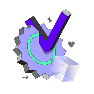 Check mark and mechanical wheel, successful task completion PNG, SVG