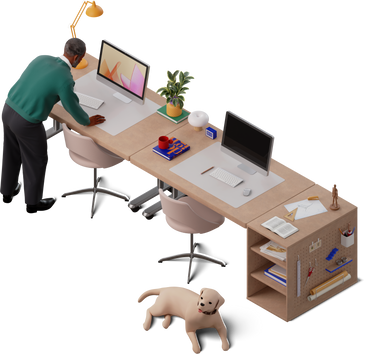 Isometric view of man working in the office with dog PNG, SVG