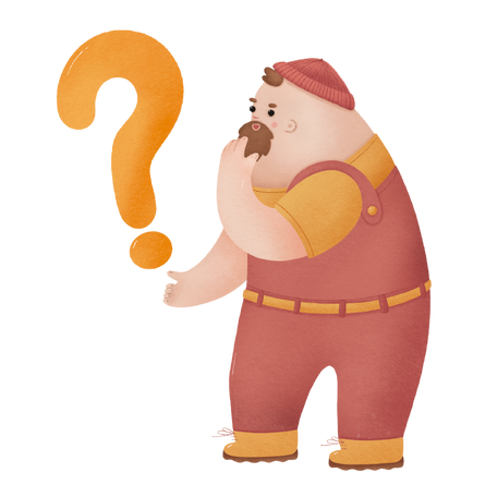 Man in red jumpsuit thoughtfully scratches beard while standing next to question mark  Illustration in PNG, SVG