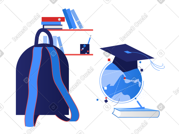 Globe in a graduation hat next to a backpack against the background of bookshelves PNG, SVG