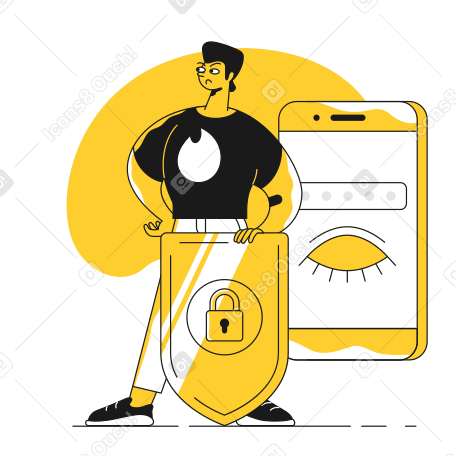 Security guard with shield protecting phone and password  Illustration in PNG, SVG