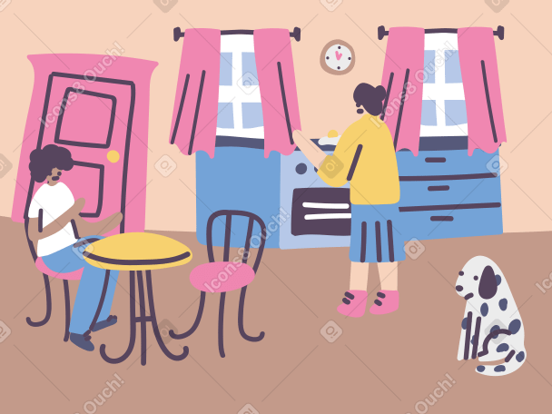 People cooking in the kitchen and dog sitting on the floor PNG, SVG