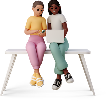 young women sitting with gadgets on the table PNG, SVG