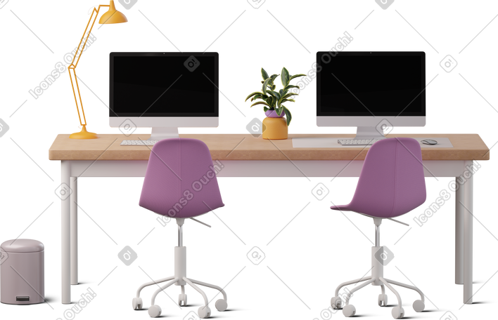 3D front view of office desk with two monitors PNG, SVG