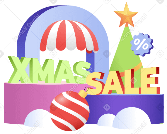 Надпись рождественская распродажа с рождественской безделушкой и арочным текстом в PNG, SVG