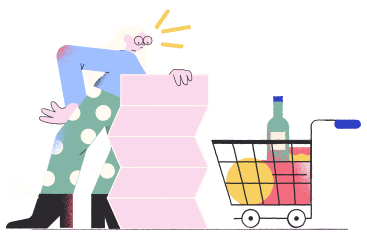 Woman with shopping cart and long shopping list PNG, SVG