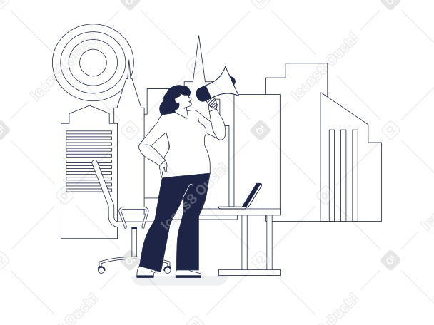 Illustration Femme avec mégaphone fait des publicités pour la ville aux formats PNG, SVG