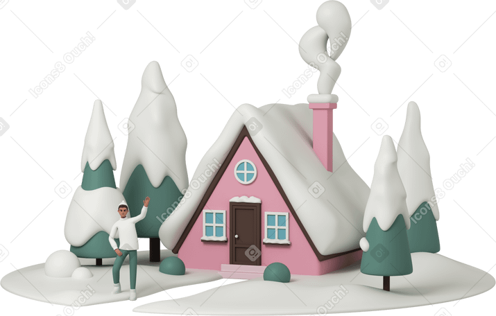 3D Uomo davanti alla casa nella foresta invernale PNG, SVG