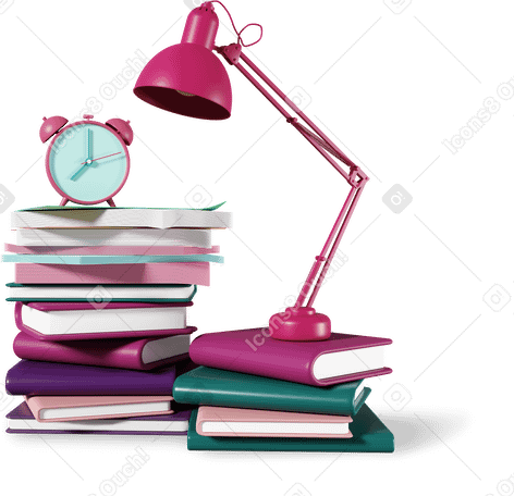 3D lamp with books and alarm clock PNG, SVG