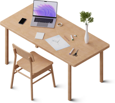 Vista isométrica da mesa com desenho de laptop, bloco de notas e cadeira PNG, SVG