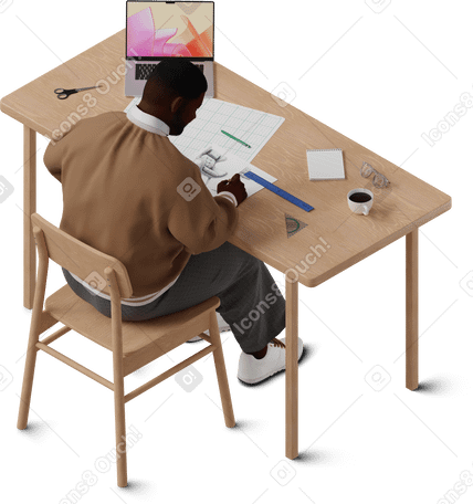 3D isometric view of young man sketching chair PNG, SVG