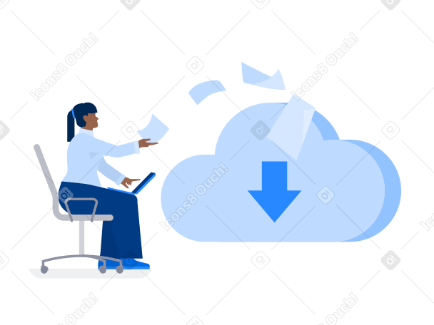 Woman with laptop on her lap sends documents to cloud storage PNG, SVG
