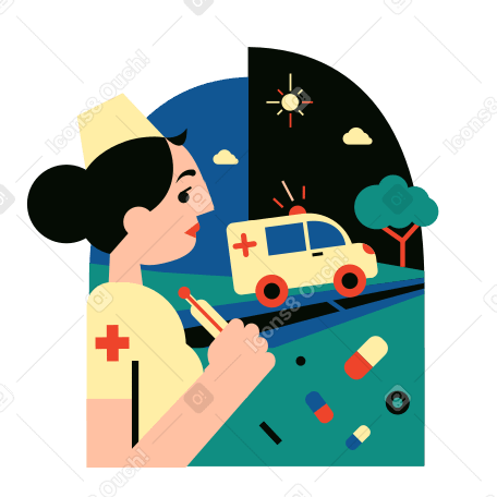 Enfermera con termómetro y ambulancia al fondo PNG, SVG
